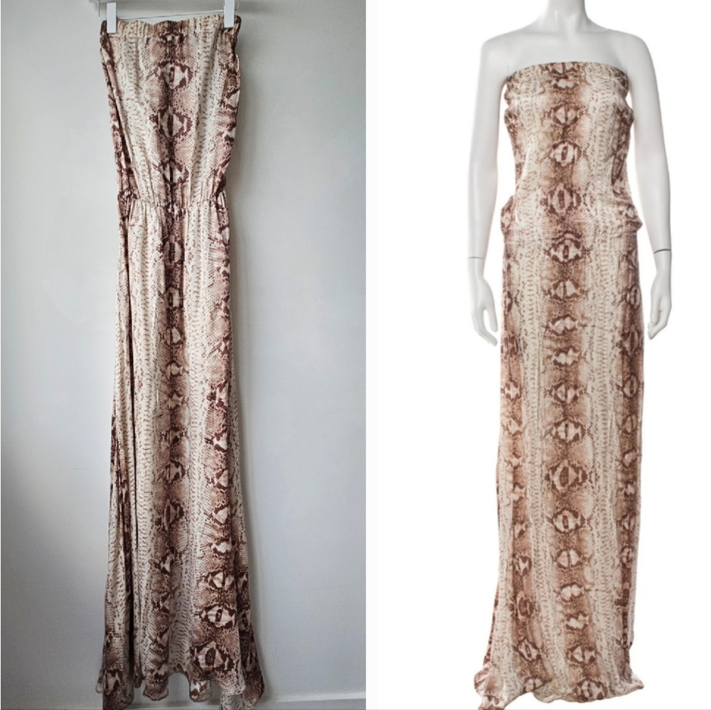 Alexis Neutral Brown Taupe Tan Hue Animal Print Silk Blend Strapless Long Dress